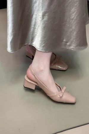 French Style Bow Tie Chunky Heel Open-Toe Sheepskin Sandals with Back Strap - Elegant Square Toe Flats for Women