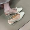 French Style Bow Tie Chunky Heel Open-Toe Sheepskin Sandals with Back Strap - Elegant Square Toe Flats for Women