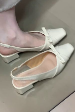 French Style Bow Tie Chunky Heel Open-Toe Sheepskin Sandals with Back Strap - Elegant Square Toe Flats for Women