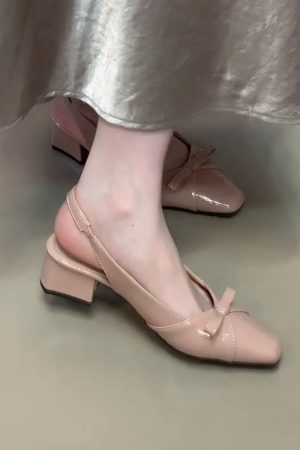 French Style Bow Tie Chunky Heel Open-Toe Sheepskin Sandals with Back Strap - Elegant Square Toe Flats for Women