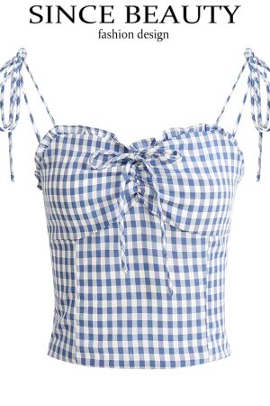 French-Style Checkered Backless Camisole with Bow - Slim Fit Women's Top for a Chic Summer Look