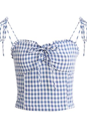French-Style Checkered Backless Camisole with Bow - Slim Fit Women's Top for a Chic Summer Look