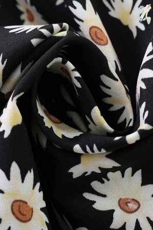 French Style Floral Spaghetti Strap Black Dress with Daisy Print - 2025 Summer Women's Vacation Dress