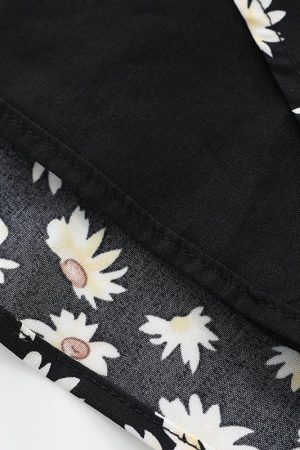 French Style Floral Spaghetti Strap Black Dress with Daisy Print - 2025 Summer Women's Vacation Dress