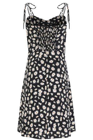 French Style Floral Spaghetti Strap Black Dress with Daisy Print - 2025 Summer Women's Vacation Dress