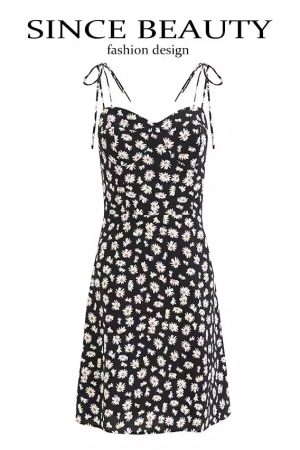 French Style Floral Spaghetti Strap Black Dress with Daisy Print - 2025 Summer Women's Vacation Dress