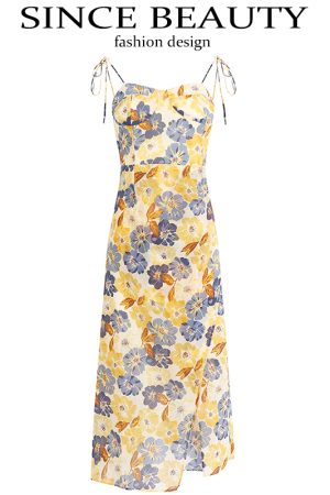 French-Style Floral Women's Dress - High-End Yellow Summer Dress for 2025 Vacation - Trendy and Elegant Fashion
