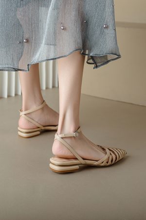 French Style Genuine Leather Retro Pointed Low Chunky Heel Roman Sandals for Women - Artistic Pig Cage Summer Shoes