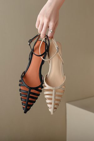 French Style Genuine Leather Retro Pointed Low Chunky Heel Roman Sandals for Women - Artistic Pig Cage Summer Shoes