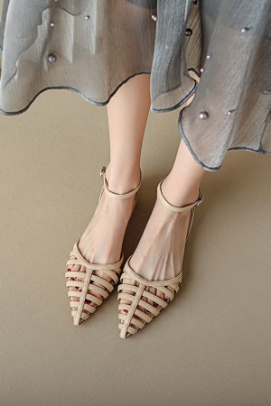 French Style Genuine Leather Retro Pointed Low Chunky Heel Roman Sandals for Women - Artistic Pig Cage Summer Shoes