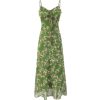 French Style Green Floral Long Spaghetti Strap Dress for Women - Summer 2025 Vacation Fashion