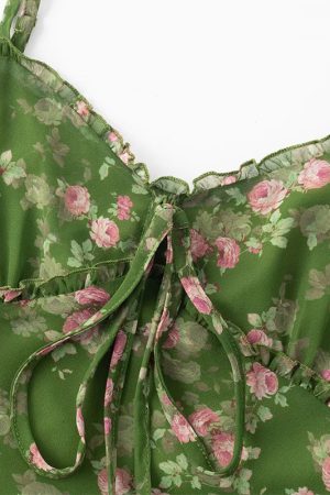 French Style Green Floral Long Spaghetti Strap Dress for Women - Summer 2025 Vacation Fashion