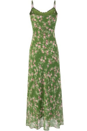 French Style Green Floral Long Spaghetti Strap Dress for Women - Summer 2025 Vacation Fashion