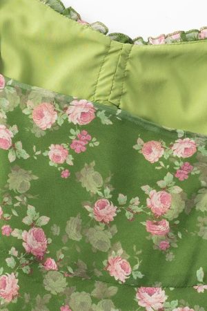 French Style Green Floral Long Spaghetti Strap Dress for Women - Summer 2025 Vacation Fashion