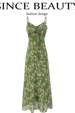 French Style Green Floral Long Spaghetti Strap Dress for Women - Summer 2025 Vacation Fashion