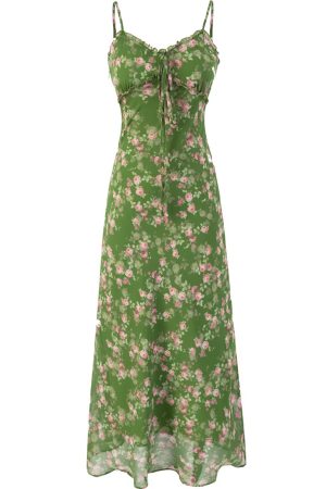 French Style Green Floral Long Spaghetti Strap Dress for Women - Summer 2025 Vacation Fashion