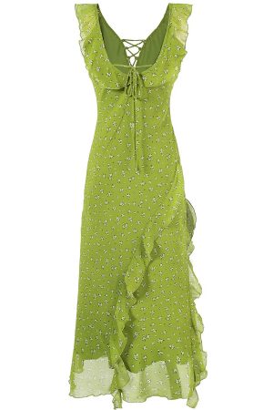 French Style Green Floral Spaghetti Strap Dress for Women - 2025 Summer Vacation Long Skirt with Diagonal Cut
