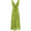 French Style Green Floral Spaghetti Strap Dress for Women - 2025 Summer Vacation Long Skirt with Diagonal Cut