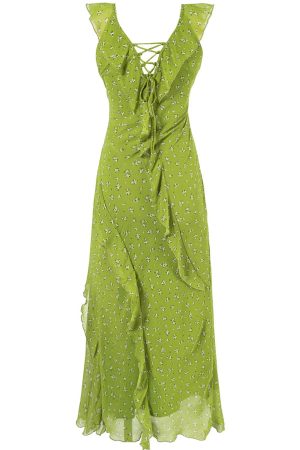 French Style Green Floral Spaghetti Strap Dress for Women - 2025 Summer Vacation Long Skirt with Diagonal Cut