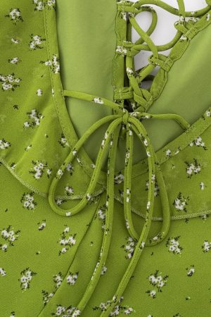 French Style Green Floral Spaghetti Strap Dress for Women - 2025 Summer Vacation Long Skirt with Diagonal Cut