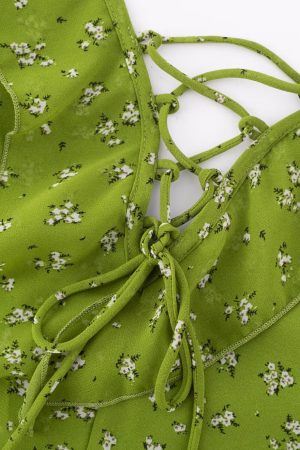 French Style Green Floral Spaghetti Strap Dress for Women - 2025 Summer Vacation Long Skirt with Diagonal Cut