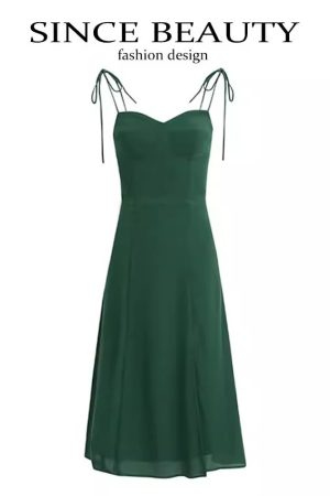 French Style Green Summer Dress 2025 with Side Slit and Spaghetti Straps - Women's Vacation Maxi Dress