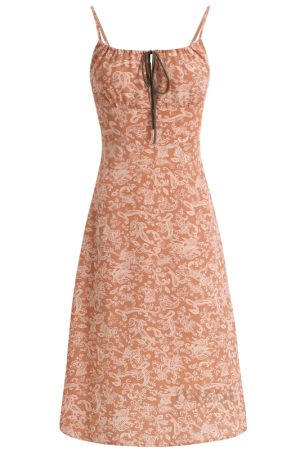 French-Style Orange Women's Dress with Straps, Printed, Elegant Vacation Look for Summer 2025