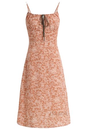 French-Style Orange Women's Dress with Straps, Printed, Elegant Vacation Look for Summer 2025