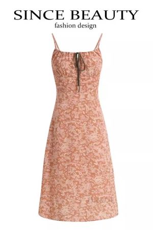 French-Style Orange Women's Dress with Straps, Printed, Elegant Vacation Look for Summer 2025