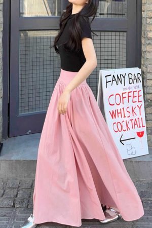 French-style Pink High-Waisted A-Line Midi Skirt, Luxury Pleated Casual Flared Skirt for Women, Spring Summer Fashion