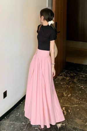 French-style Pink High-Waisted A-Line Midi Skirt, Luxury Pleated Casual Flared Skirt for Women, Spring Summer Fashion
