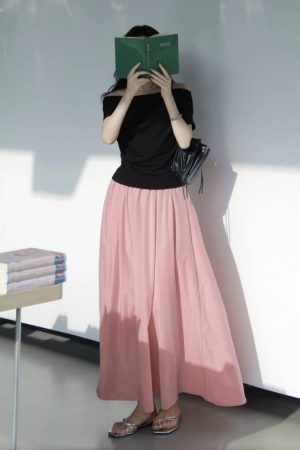 French-style Pink High-Waisted A-Line Midi Skirt, Luxury Pleated Casual Flared Skirt for Women, Spring Summer Fashion
