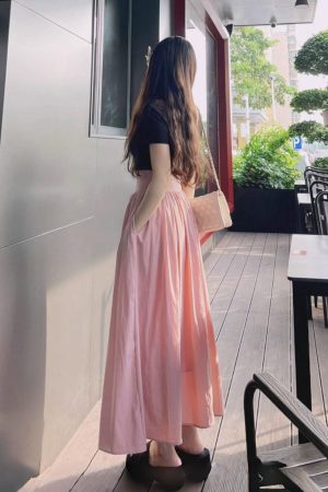 French-style Pink High-Waisted A-Line Midi Skirt, Luxury Pleated Casual Flared Skirt for Women, Spring Summer Fashion