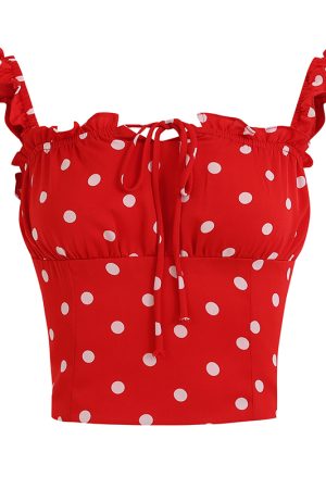 French-Style Red Polka Dot Camisole Top for Women - 2025 Vacation Layering Essential