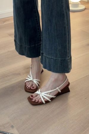 French Style Sheepskin One-Strap Wedge Sandals for Women - Open-Toe High-Heeled Square Toe Roman Sandals for Chic Outfits