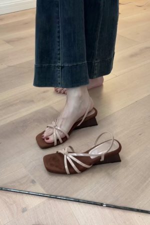 French Style Sheepskin One-Strap Wedge Sandals for Women - Open-Toe High-Heeled Square Toe Roman Sandals for Chic Outfits
