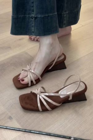French Style Sheepskin One-Strap Wedge Sandals for Women - Open-Toe High-Heeled Square Toe Roman Sandals for Chic Outfits