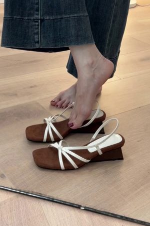 French Style Sheepskin One-Strap Wedge Sandals for Women - Open-Toe High-Heeled Square Toe Roman Sandals for Chic Outfits