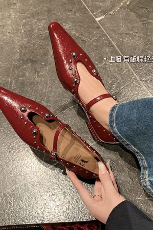 French-Style Studded Pointed Toe Stiletto High Heels Women's Genuine Leather Mary Jane Shoes - Chic Italian Fashion