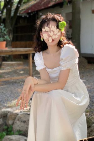 French-Style White Long Dress for Women, Square Neck, Elegant Puff Sleeves, Perfect for Petite Figures, Spring/Summer 2025