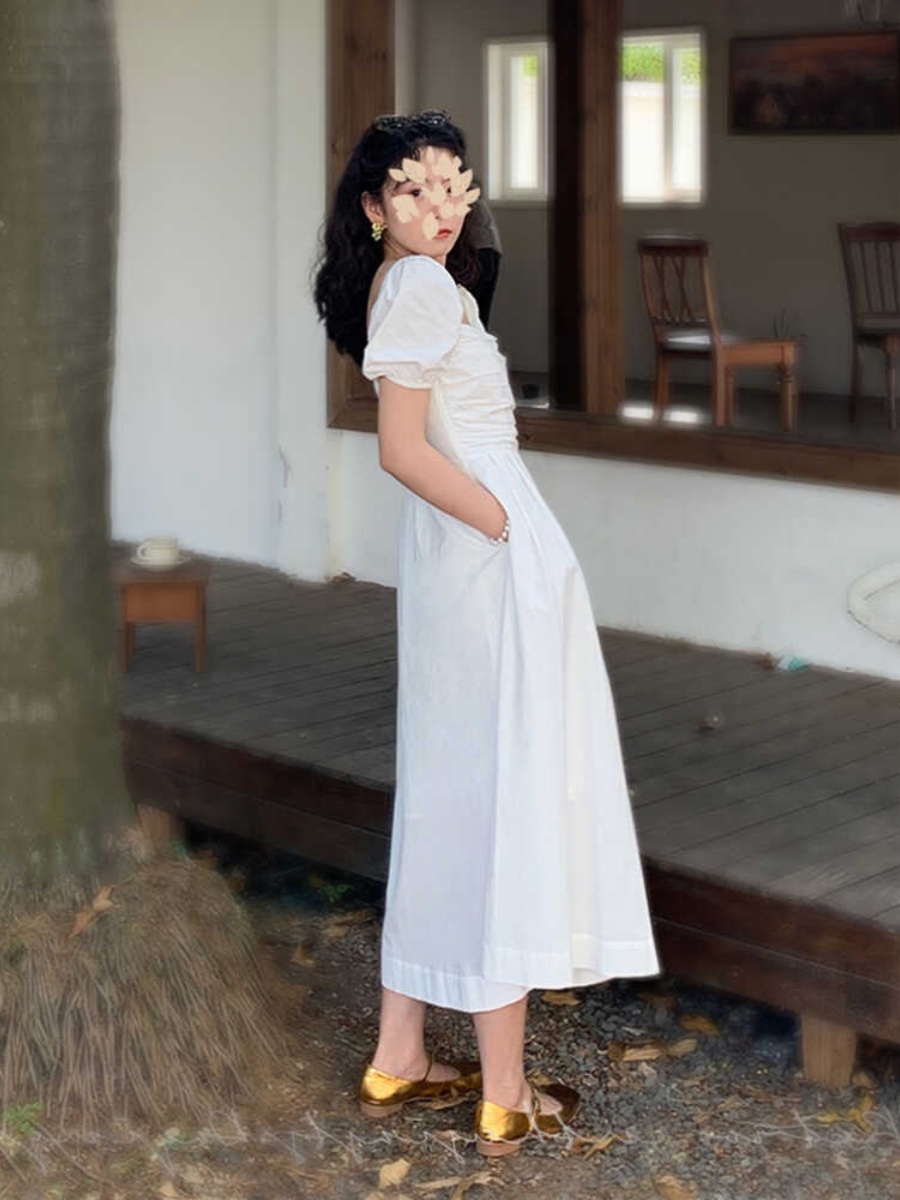 French-Style White Long Dress for Women, Square Neck, Elegant Puff Sleeves, Perfect for Petite Figures, Spring/Summer 2025 French-Style White Long Dress for Women, Square Neck, Elegant Puff Sleeves, Perfect for Petite Figures, Spring/Summer 2025