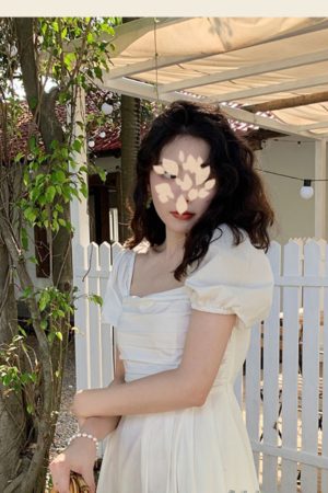 French-Style White Long Dress for Women, Square Neck, Elegant Puff Sleeves, Perfect for Petite Figures, Spring/Summer 2025