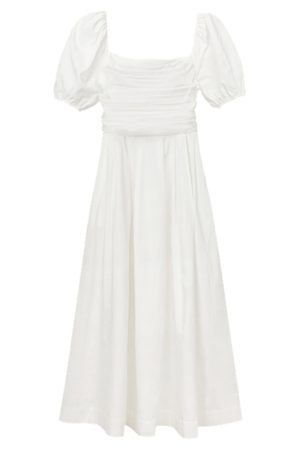 French-Style White Long Dress for Women, Square Neck, Elegant Puff Sleeves, Perfect for Petite Figures, Spring/Summer 2025