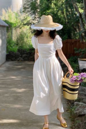 French-Style White Long Dress for Women, Square Neck, Elegant Puff Sleeves, Perfect for Petite Figures, Spring/Summer 2025