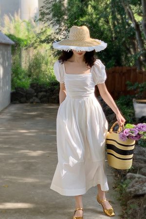 French-Style White Long Dress for Women, Square Neck, Elegant Puff Sleeves, Perfect for Petite Figures, Spring/Summer 2025