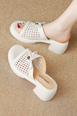 French Style Women's Thick-Soled Hollow Mesh High Heels - Comfortable Non-Fatigue Design, Perfect for Italian Corso Venezia Inspired Looks