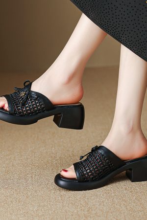 French Style Women's Thick-Soled Hollow Mesh High Heels - Comfortable Non-Fatigue Design, Perfect for Italian Corso Venezia Inspired Looks