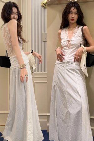 French Summer V-Neck Lace Dress Women's A-Line Vintage Slim Long Dress - Elegant 90s Inspired Style