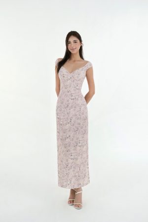French V-Neck Fitted Split Printed Chiffon Long Dress - Elegant Summer Style, Perfect for 90s Inspired or Y2K Fashion