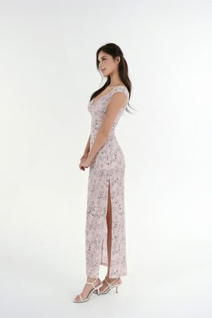 French V-Neck Fitted Split Printed Chiffon Long Dress - Elegant Summer Style, Perfect for 90s Inspired or Y2K Fashion